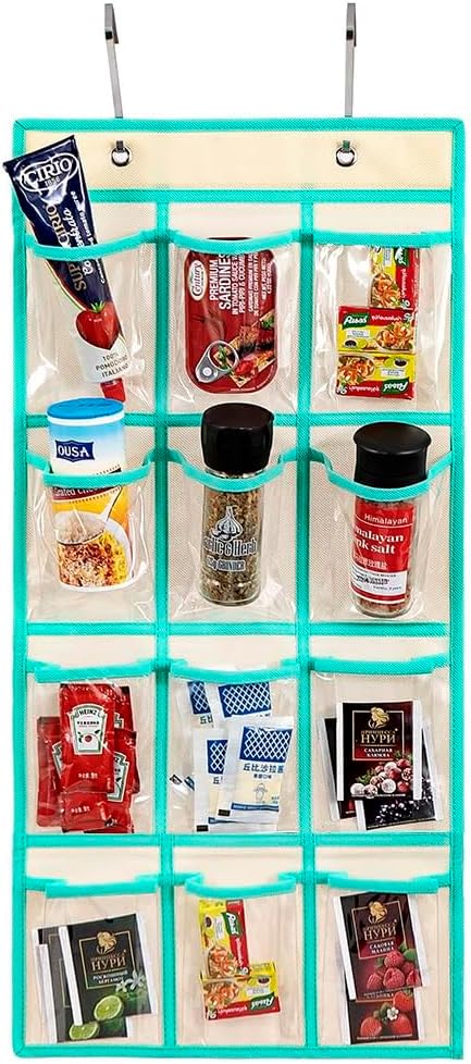 2 Pcs Classroom Pocket Chart Cell Phone Organizer Calculator Holder Over The Door Hanging Storage for Sock Underwear Jewelry with 12 Clear Pockets (Beige)