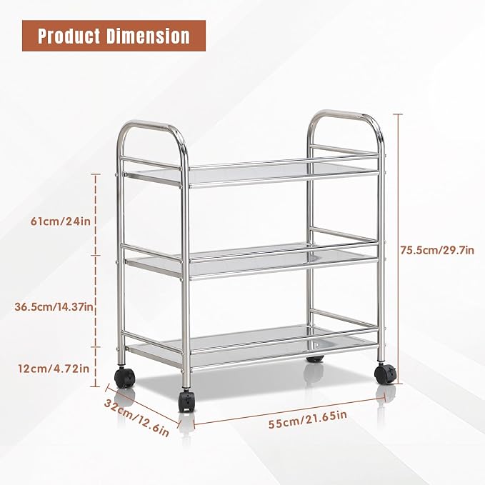 Heavy-Duty NSF 301 Stainless-Steel Rolling Cart – 3-Tier with White Protective Film & Locking Wheels | Commercial Wire Shelving for Kitchen