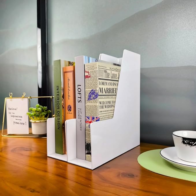 Vertical File Holder, Plastic Document and Magazine Organizer, Multi-purpose Document Organizer for Home Office (White)