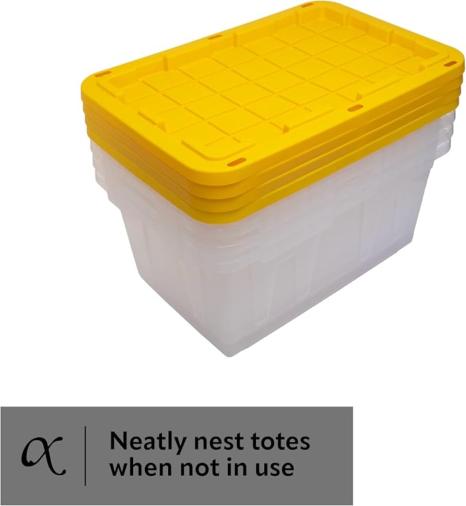 CX BLACK & YELLOW 27-Gallon Heavy Duty Clear Stackable Storage Bins with Lids, Dorm Room Essentials, Dorm Storage, Moving Boxes, Back to School, Classroom Organization, Home Organization, 4 Pack (14.3H x 20.6W x 30.6D)