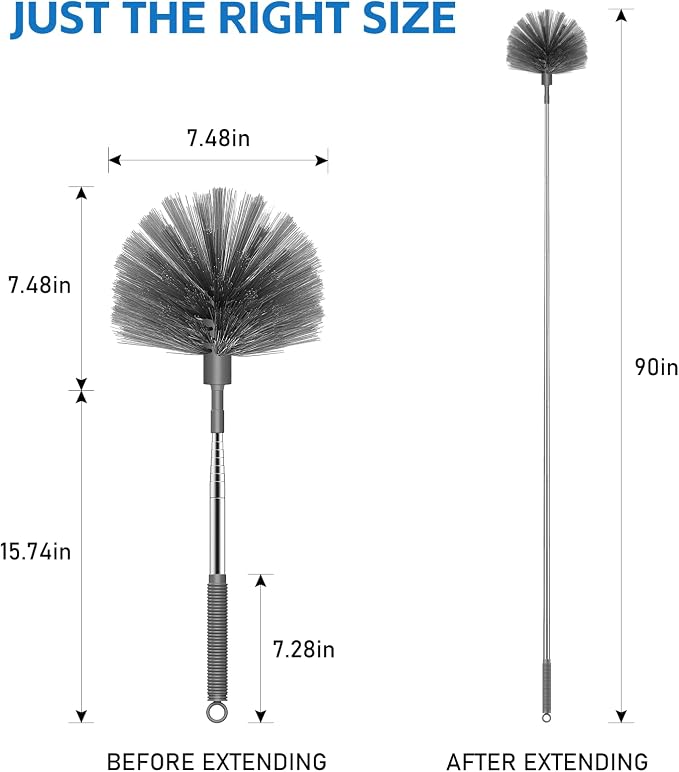 SetSail Cobweb Duster with Extension Pole, Retractable Dusters for Cobweb Cleaning 90-inch Long Handle Spider Web Brush for Outdoor Indoor High Ceilings, Grey
