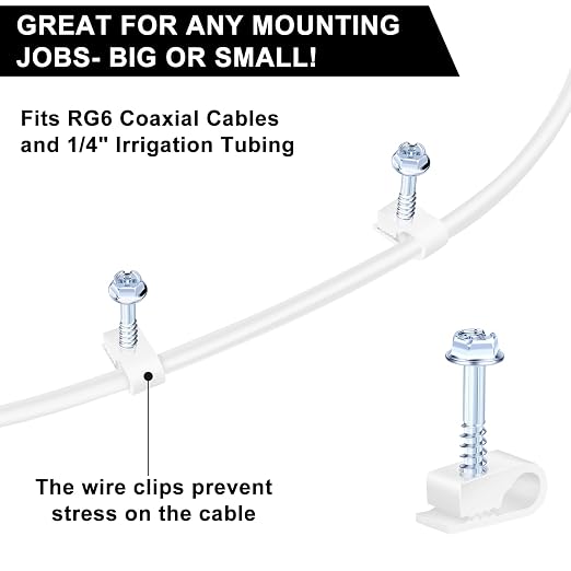 Cable Clips with Screws Fastener 1/4 Inch (6 mm) - All Weather Wire Clips for Coaxial, Ethernet,Electrical Cables,Brick/Stucco Siding Clips, UV-Resistant for Outdoor Wall Mount, 100 Pack,White