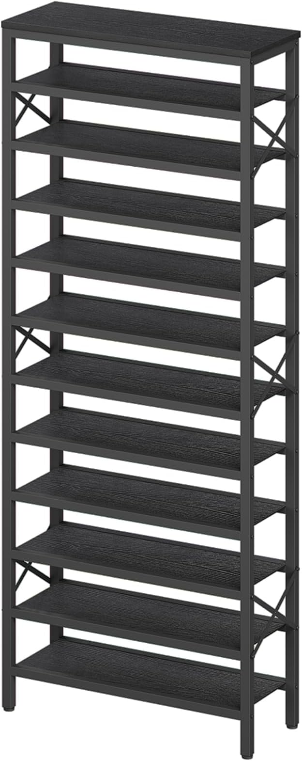 YATINEY 12-Tier Tall Shoe Rack Organizer, Wooden Shoe Storage for Closet Holds 48 Pairs, Sturdy Shoe Shelf with X-Shaped Metal Support, for Entryway, Bedroom, Black SS212BB