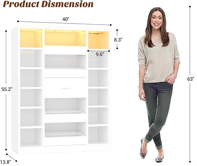 Besiost 40" Closet System with LED Lights, Wooden Closet Organizer System with Drawers & Shelves, Versatile Closet Storage Tower for Walk-in Closets, Shoe Rack and Handbag Storage Cabinet, White