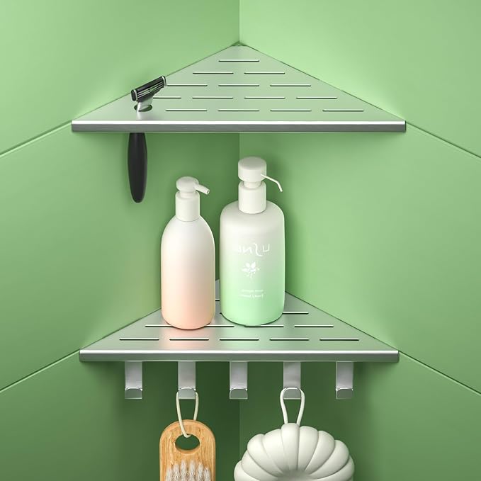 10'' Corner Shower Shelf | 304 Stainless Steel Shelves for Bathroom, Grout in Shelf with Hooks for Tiled Wall (Brushed)