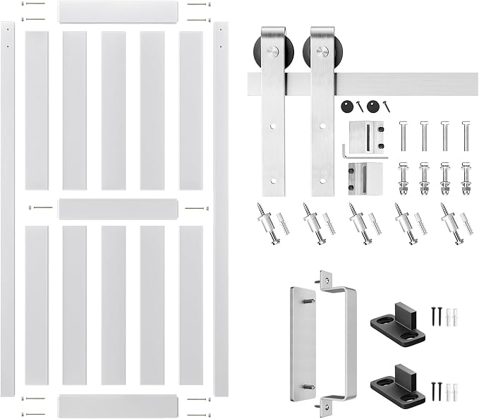 34''x84'' Sliding Barn Door with 6 Ft Brushed Nickel Hardware Kit | Pre-Drilled Holes Easy Assembly - Include Installation Manual, Water-Proof PVC Surface, H-Frame, White