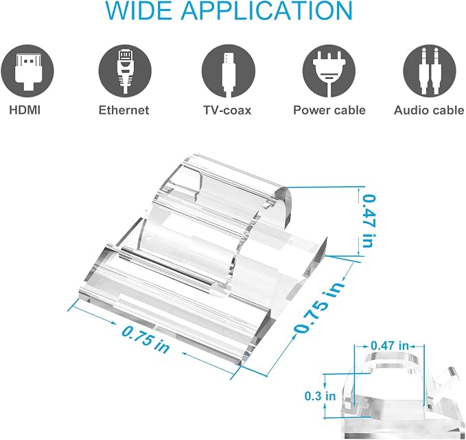 Adhesive Cable Clips Cord Organizer Clear (45 PCS, Large), Outdoor Light Clips for Christmas String Lights, Wall Wire Holder Clips for Ethernet Cable Management Under Desk, Led Light Hooks