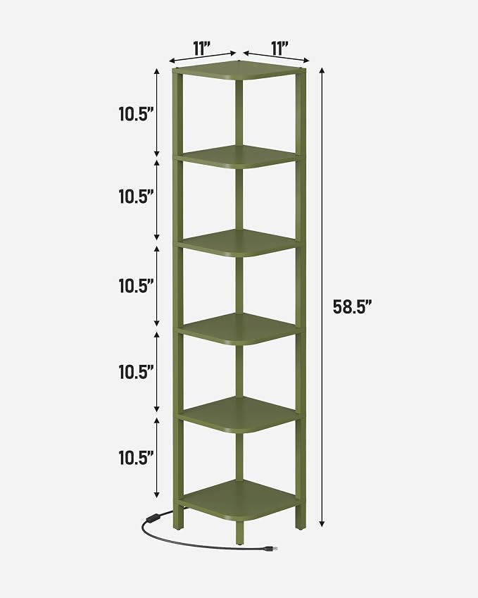 TUTOTAK Corner Shelf with LED Light, 6-Tier Corner Bookshelf for Small Space, Narrow Display Corner Shelf Stand with Storage Rack, for Living Room, Bedroom, Olive Green BS08BOG006L