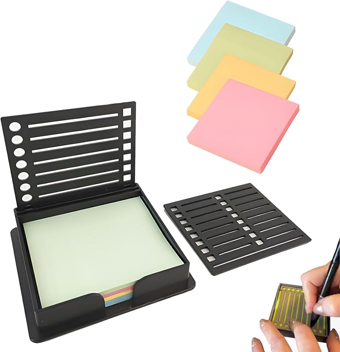 Sticky Note Stencil, Sticky Note Holder with Stencil 3x3 Sticky Note Line Stencil and Holder, Perfect for to-Do Lists, Home, Office, Sticky Notes Dispenser, Reusable Note Organizer (Black)