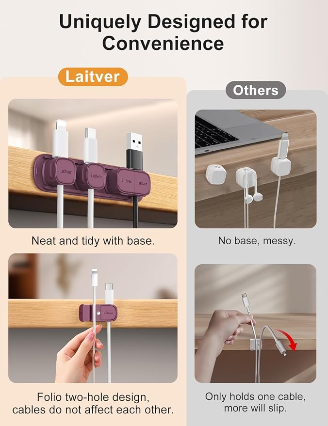6 Pack Magnetic Cable Clips [1s Open/Lock], Cord Organizer Holder | Strong Adhesive Desk Cable Management- Organize Charging Cords Neatly for Home, Office, Car,Desk, Nightstand-Dark Purple