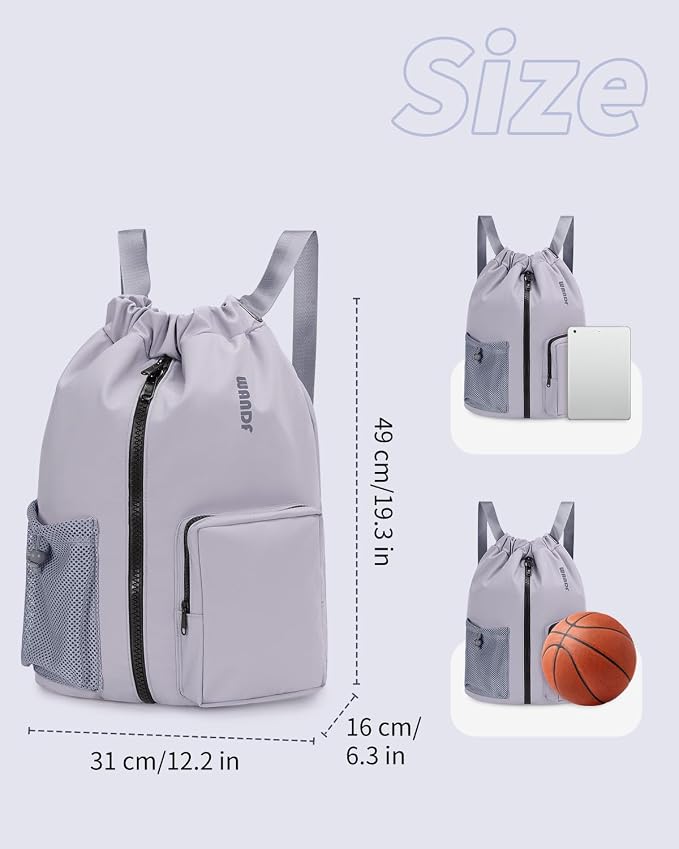WANDF Drawstring Backpack with Shoe Compartment, Sports Gym Bag | Multi-Pocket Storage, Water-Resistant Fabric, Cinch String Bag