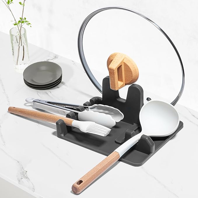 Auoon Silicone Spoon Rest with Lid Holder, 3-in-1 Kitchen Utensil Rest for Soup Ladles, Pot Lids, Spatulas, Spoons, Tongs, BPA Free & Dishwasher Safe, 8.26 x 8.06 Inch (Gray, Large)