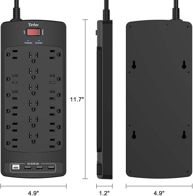 Surge Protector Power Strip, Yintar 6 Feet Flat Plug Heavy Duty Extension Cord with 18 Widely Outlets and 4 USB Ports, 2100 Joules, ETL Listed, Black