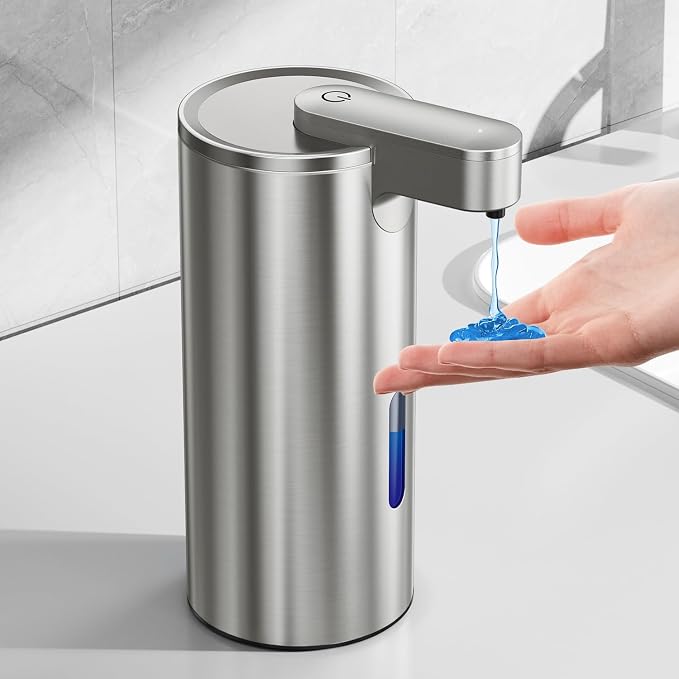 Fantictas Automatic Soap Dispenser Touchless, Stainless Steel 11.5 oz Liquid Hand Soap Dispenser, USB-C Rechargeable Sensor Pump with 3 Adjustable Levels for Kitchen & Bathroom