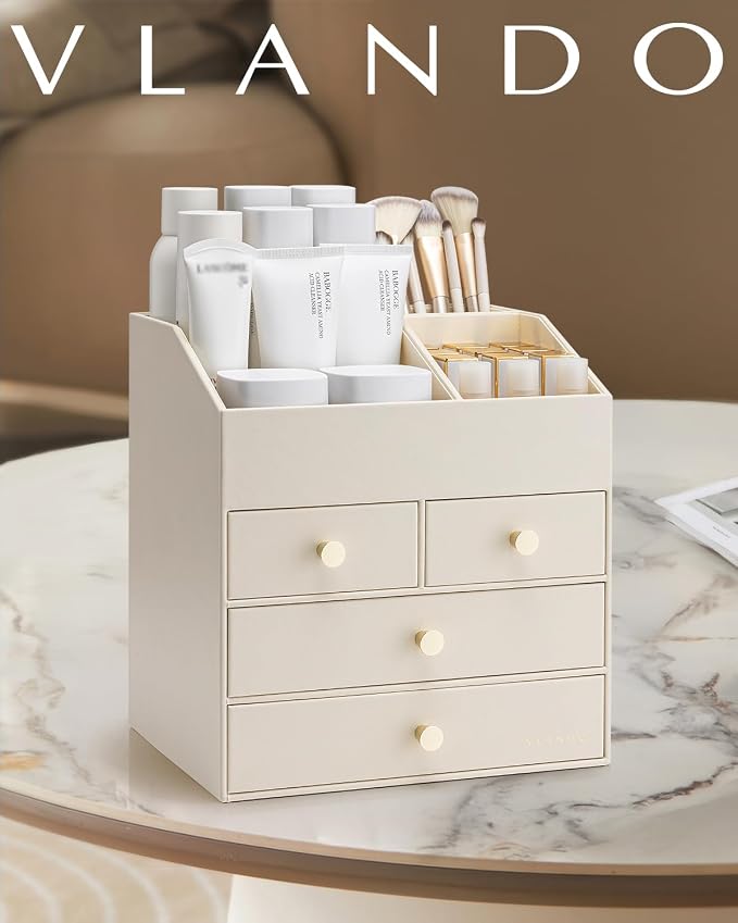 VLANDO Makeup Organizer,Vanity Organizer with Drawers, PU Leather Skincare Organizer Perfume Organizer,Large Cosmetic Display Case for Lipstick,Brushes Gifts for Women, Beige, 4 Layer