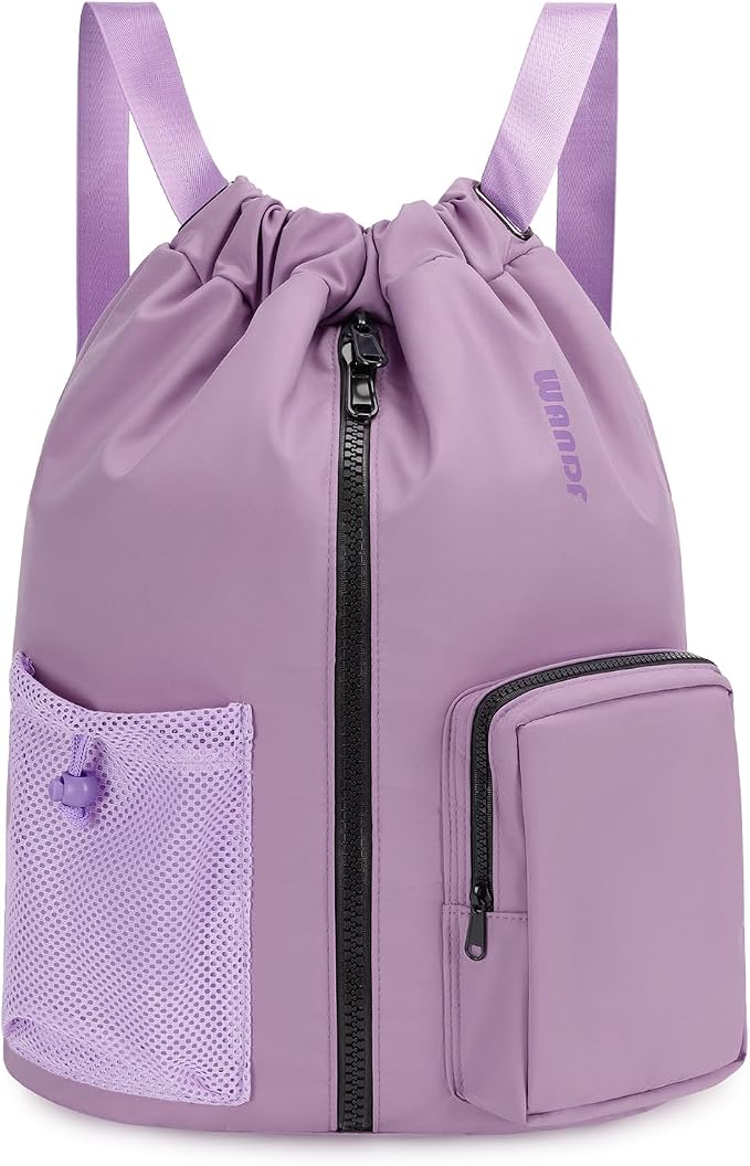 WANDF Drawstring Backpack with Shoe Compartment, Sports Gym Bag | Multi-Pocket Storage, Water-Resistant Fabric, Cinch String Bag