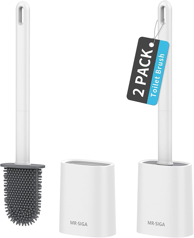 MR.SIGA Toilet Brush and Holder Set, Wall Mounted Toilet Bowl Brush, White | Space saving design, flexible thermoplastic rubber bristles, easily cleans hard to reach areas, pack of 2