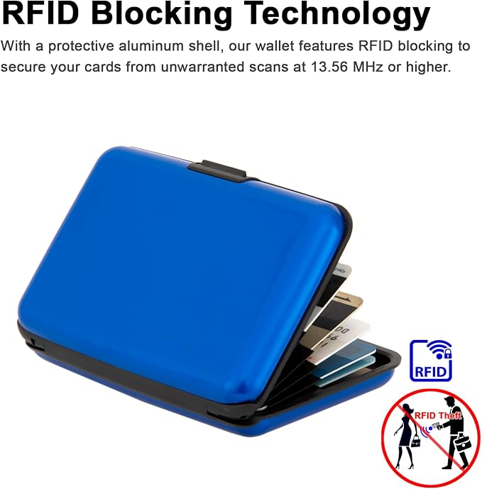 Credit Card Holder, RFID Blocking Metal Card Wallet for Women Men Slim ID Card Holders Protector Aluminum Business Hard Case (Blue)