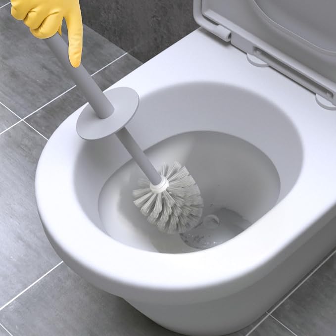 Topsky 2 Pack Compact Toilet Brush & Holder Set, Plastic Round Barrel Loo Brush with 2 Replacement Toilet Brush Head, Durable for Bathroom Toilet, Gray