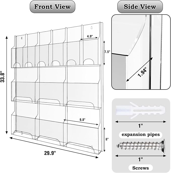 Acrylic Brochure Pamphlet Holder, 6 Magazine Holders and 6 Pamphlet Holders, Clear Brochure Display Stand Wall Mount, Trifold Flyer Rack, Literature Storage Rack for Home, Offices, Waiting Room