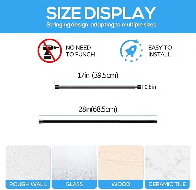 2 Pack Spring Tension Rods 16-27 Inches, 5/8 Inch Diameter Black No Drill Spring Loaded Adjustable Extendable, Small Short Tension Curtain Rod for Windows Kitchen Doorway Closet Cupboard