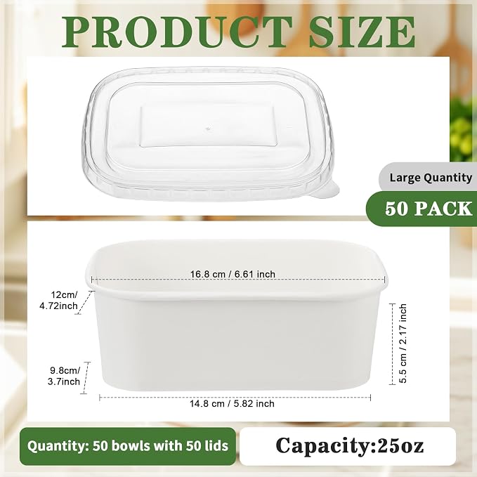 Maxdot 50 Pack 25 oz Disposable Food Containers with Lids Paper Food Containers Bowls for Meal Prep, Salad, Ice Cream, Yogurt, Soup Bowls Party Leftover Box