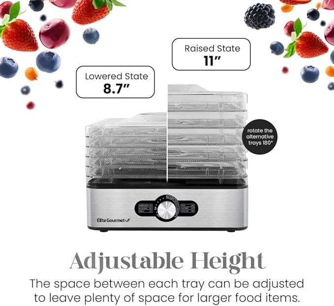 Elite Gourmet EFD3321 Food Dehydrator, Stainless Steel Trays Adjustable Temperature Controls, Jerky, Herbs, Fruit, Veggies, Dried Snacks, Stainless Steel