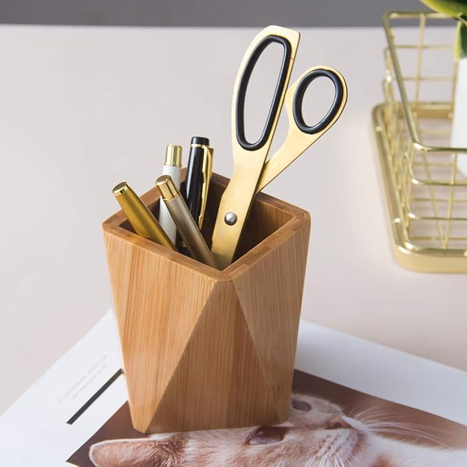 Bamboo Wood Pen Holder Stand for Desk Geometric Pencil Cup Pot Cute Desktop Office Supplies, Makeup Brushes Organizer (Bamboo)