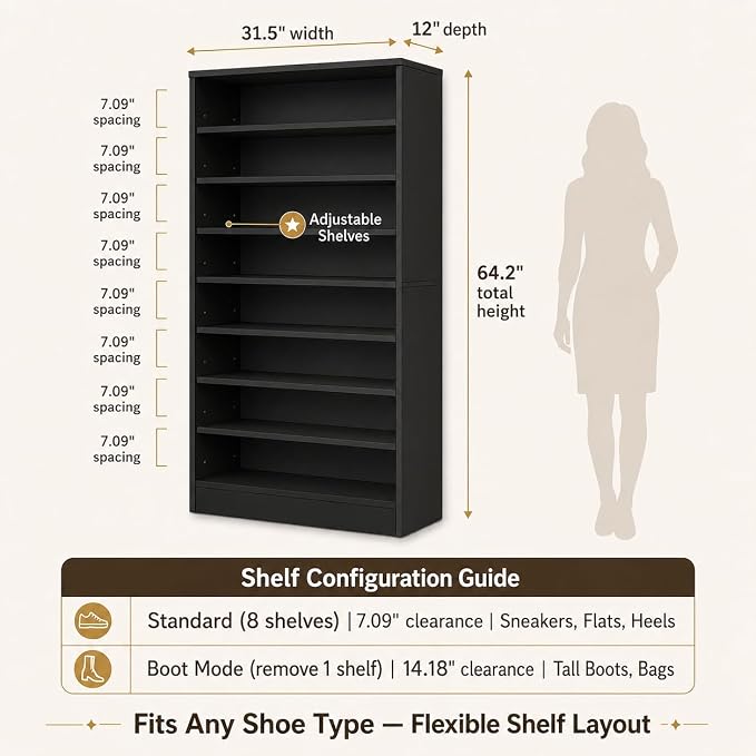 Homieasy 9-Tier Tall Shoe Rack Cabinet for Closet & Entryway, Black | Wooden Narrow Shoe Organizer Cabinet with Adjustable Shelves, Freestanding, for Bedroom, Hallway