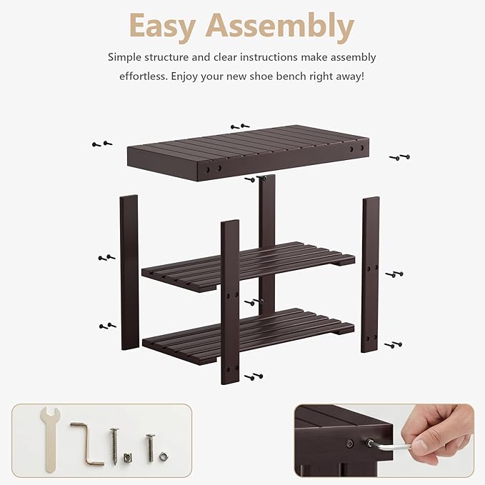 NEWBULIG Shoe Rack Bench, 3-Tier Bamboo Shoe Organizer, Wooden Entryway Storage Bench, 286 lb Load Capacity, 11.2x19.7x17.9 Inches, for Entryway Bathroom Bedroom Balcony, Brown
