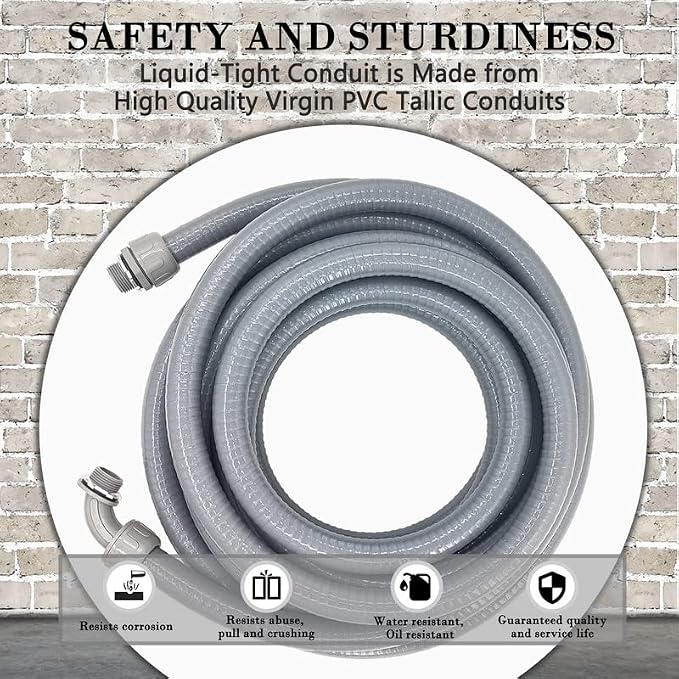 1/2 inch 100Ft Liquid-Tight Conduit Kit, Flexible Non Metallic Electrical Conduit, with 6 Straight and 5 Angle Fittings Included. 1/2" Dia