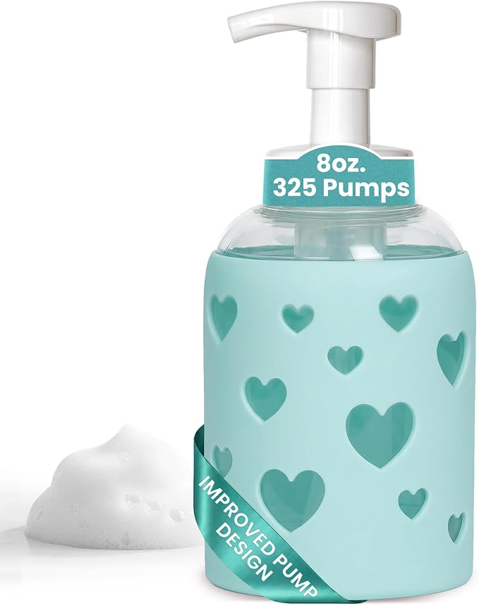SoCal Suds & Company Foaming Hand Soap Dispenser Glass, Liquid Soap Pump with Heart Silicone Sleeve, Refillable Bottle for Kids, Baby Wash & Shampoo, Ideal for Bathroom & Kitchen Use, Sea Glass, 8oz