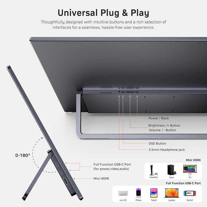 MNN Portable Monitor 23.8" 100Hz 1080P IPS, Ultra Slim Metal Body with Built-in Kickstand & Dual Speakers, USB-C HDMI External Display for Laptop PC Phone PS5 Xbox Switch, Home Office Gaming Monitor
