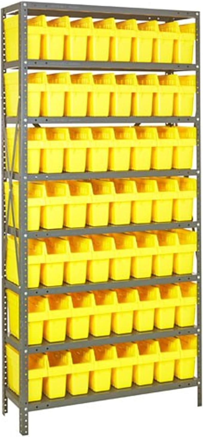 Quantum 1275-SB801YL Heavy Duty Shelving Unit with (8) Shelve and (56) QSB801 Yellow Bins for Garage Warehouse Storage Distribution | 400 lb Load Capacity | 12"D x 36"L x 75"H, Galvanized Carbon Steel