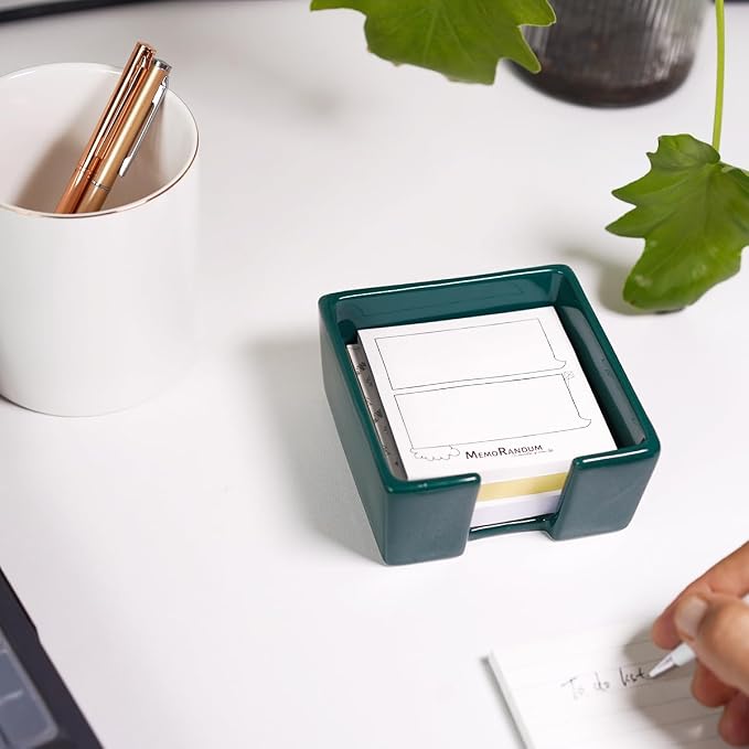 Ceramic Sticky Note Holder, 3 x 3" Sticky Note Dispenser, Notepad Holder for Desk, Office Essentials Organizer (Green)