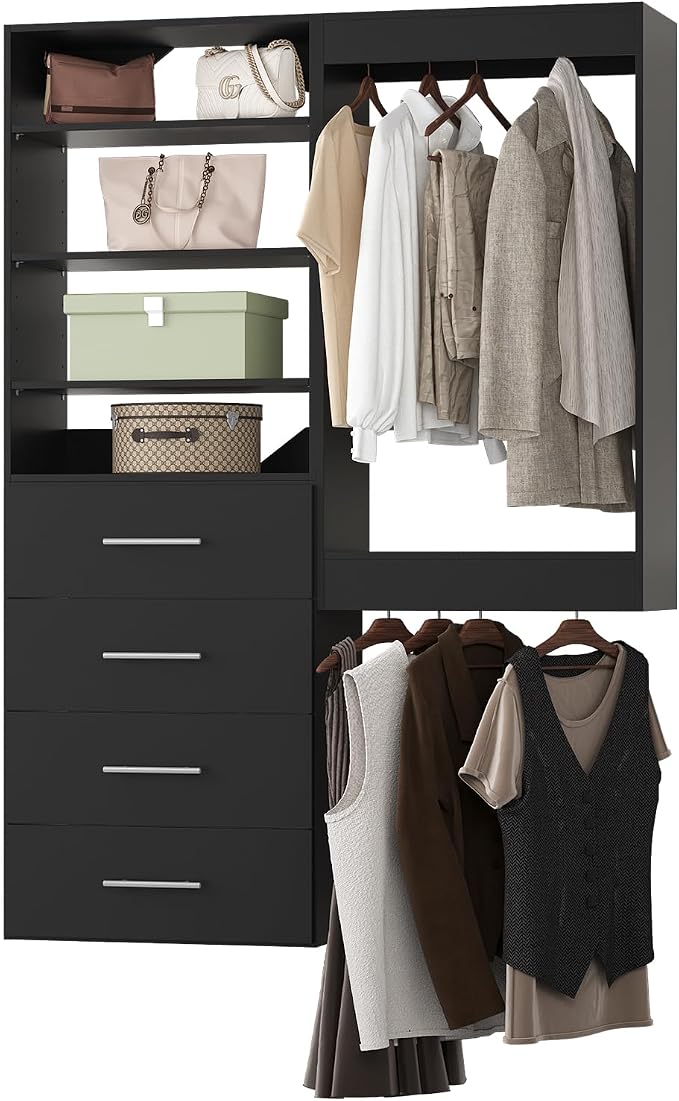 Modular Closet, 40" Wide Wardrobe Organizer with Tower and Drawers, Wood, Wall Mounted, Bedroom, Black