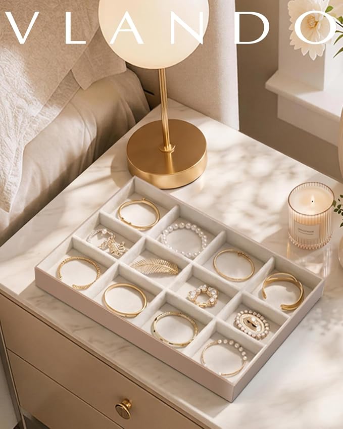 VLANDO Stackable Jewelry Tray, Drawer Organizer for Bracelets,Toffee | Wide Sections, Soft Velvet Lining, Dresser Display for Bangles, Watches, Bracelets, Gift for Women Girl