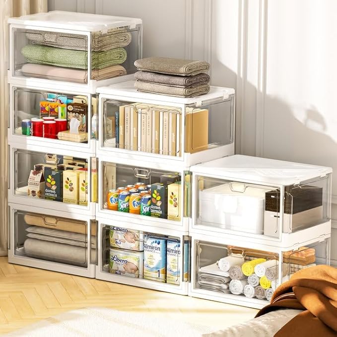 Clear Storage Bins with Lids 3 Packs - 24Qt Stackable Storage Bins, Acrylic Organizers, Plastic Multifunctional Folding Storage Bins, Plastic Stackable Storage Box for Bedroom, Living Room