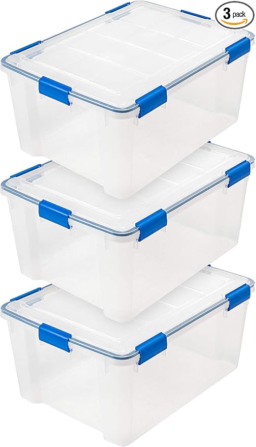 IRIS USA WeatherPro 60 Qt Storage Bins with Lids, 3 Pack, BPA-Free Plastic Gasket Box with Tight Latch and Seal, Stackable Nestable Tote Tub - Clear/Blue