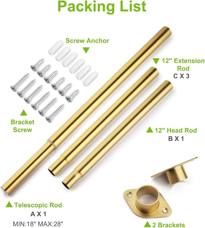 Closet Rod, Adjustable Clothes Haning Rod 66 to 76 Inches, Stainless Steel Rod for Close, Gold