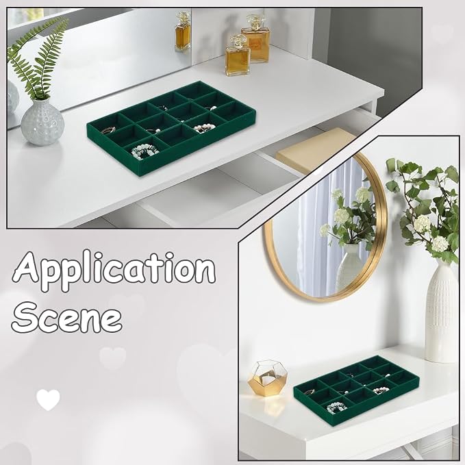 2Pcs Velvet Jewelry Display Trays Stackable Jewelry Organizer Tray Green Bulk 12 Girds Stylish Organizer Trays for Ring Earring Holder Necklace Bracelet Storage Display Dish Women Adults