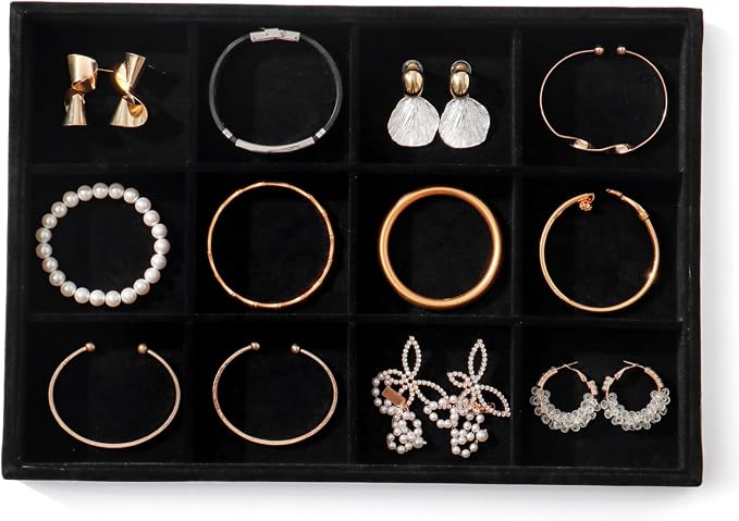Large Jewelry Organizer for Drawer Insert Velvet Stackable Jewelry Trays for Earring Necklace Bracelet Ring Display (Black, 12 Grids)