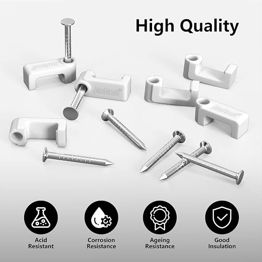 Jadaol 100Pcs 7.5mm Cable Clips with Nails, Custom Fit for Jadaol Cat6 Flat Ethernet Cable, Wall Wire Tacks for RJ45 LAN, Coax, Speaker, and Network Cables
