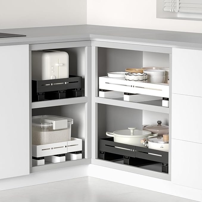 Pull Out Cabinet Organizer With Raising Pad for Framed Cabinets,Adjustable Depth(15.7"-24.4") And Width(12.8"-20.5"),Slide Out Drawers,No Drill Design,Heavy Duty Storing,Black