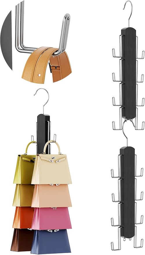 NiHome Purse Organizer for Closet, 360° Rotating Purse Hanger, 2 Pack | Wood & Metal 8 Wide Hooks, Space-Saving Handbag Holder Storage Rack for Backpacks, Hats, Scarves, Belts - Black