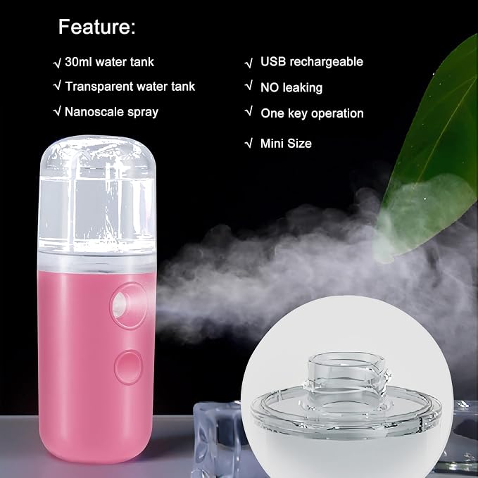 Nano Facial Mister, Nano Mister for Eyelash Extensions Face Daily Care Pink | Portable Mini Mister for Lash Extension, Electric Face Mister for Cool Down with 1oz Large Capacity Screwing Visual WaterTank