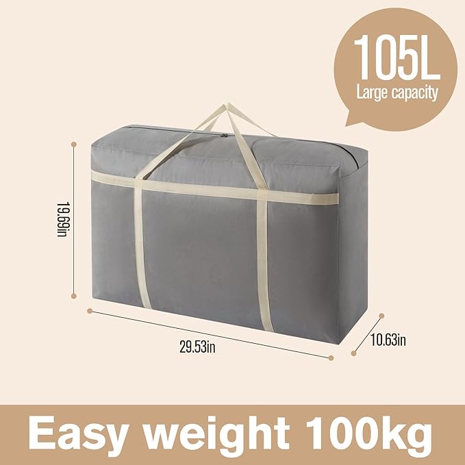 4 Pack 105L Extra Large Moving Bags with Zippers & Carrying Handles, Heavy-Duty Storage Tote Moving Boxes for Space Saving(grey, 4Pack*105L)