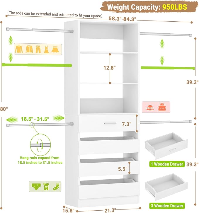 Aheaplus Closet System with 4 Drawers, 3.4-7FT Small Wood Closet Organizer System, Walk-in Closet Wardrobe with Tower and 4 Hang Rods, Built In Closet Insert System, Fits Spaces 4ft, 5ft,6ft,7ft,White