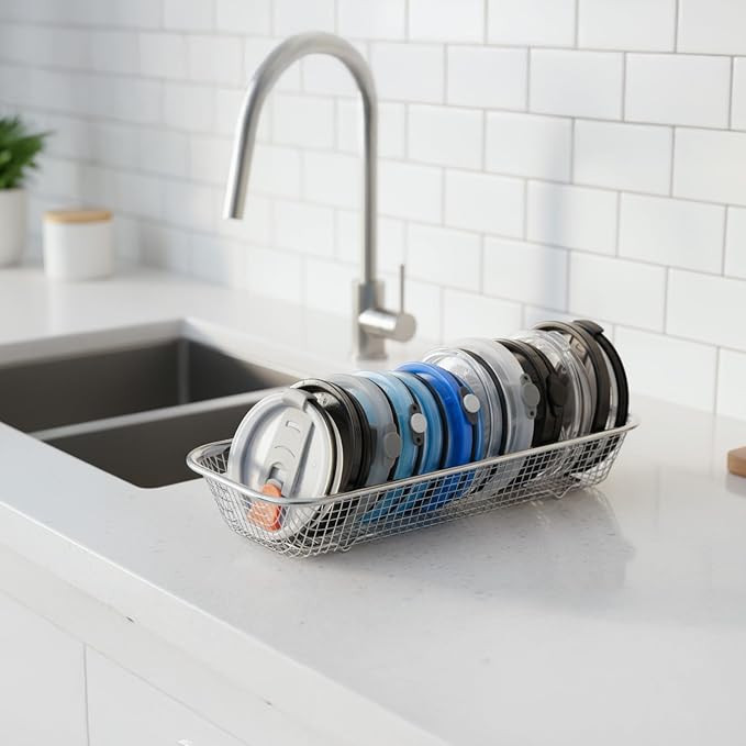 2 Pcs Mason Jar Lid Organizer Stainless Steel Tumbler Cup Lid Organizer Dishwasher Basket Cutlery Silverware Hold Rectangular Basket for Storage of Silverware Chopsticks Straws and Utensils