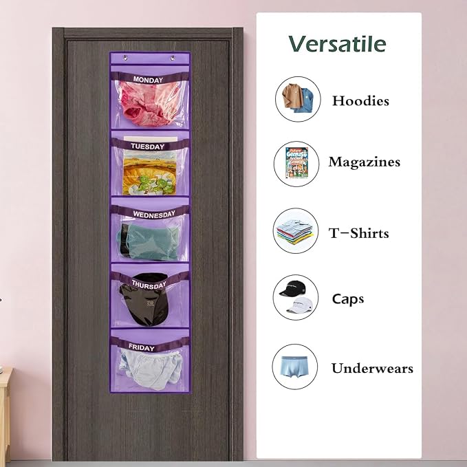 2 Pcs Day of Week Clothing Organizer Monday to Friday School Clothes Organizer for Kids Weekly Hanging Closet Organizer (Purple)